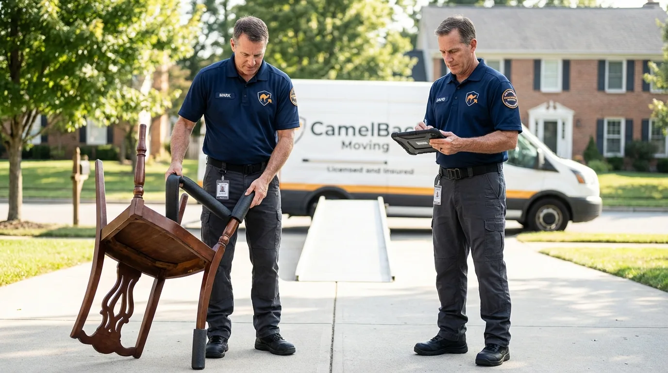 Movers inspecting furniture for damage prevention before loading in Pascoag, RI