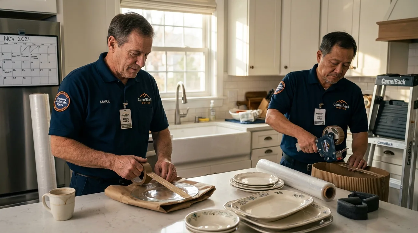 Professional crew packing kitchen dishware in Pascoag, RI